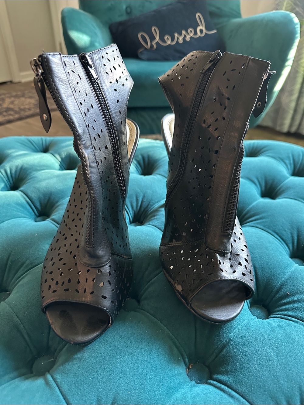 Hot Tomato Black Perforated Peep-Toe Ankle Booties with Front Zipper